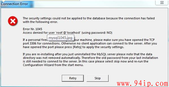 MySQL安装时提示Access denied for user 'root'@localhost'(using password）解决方法